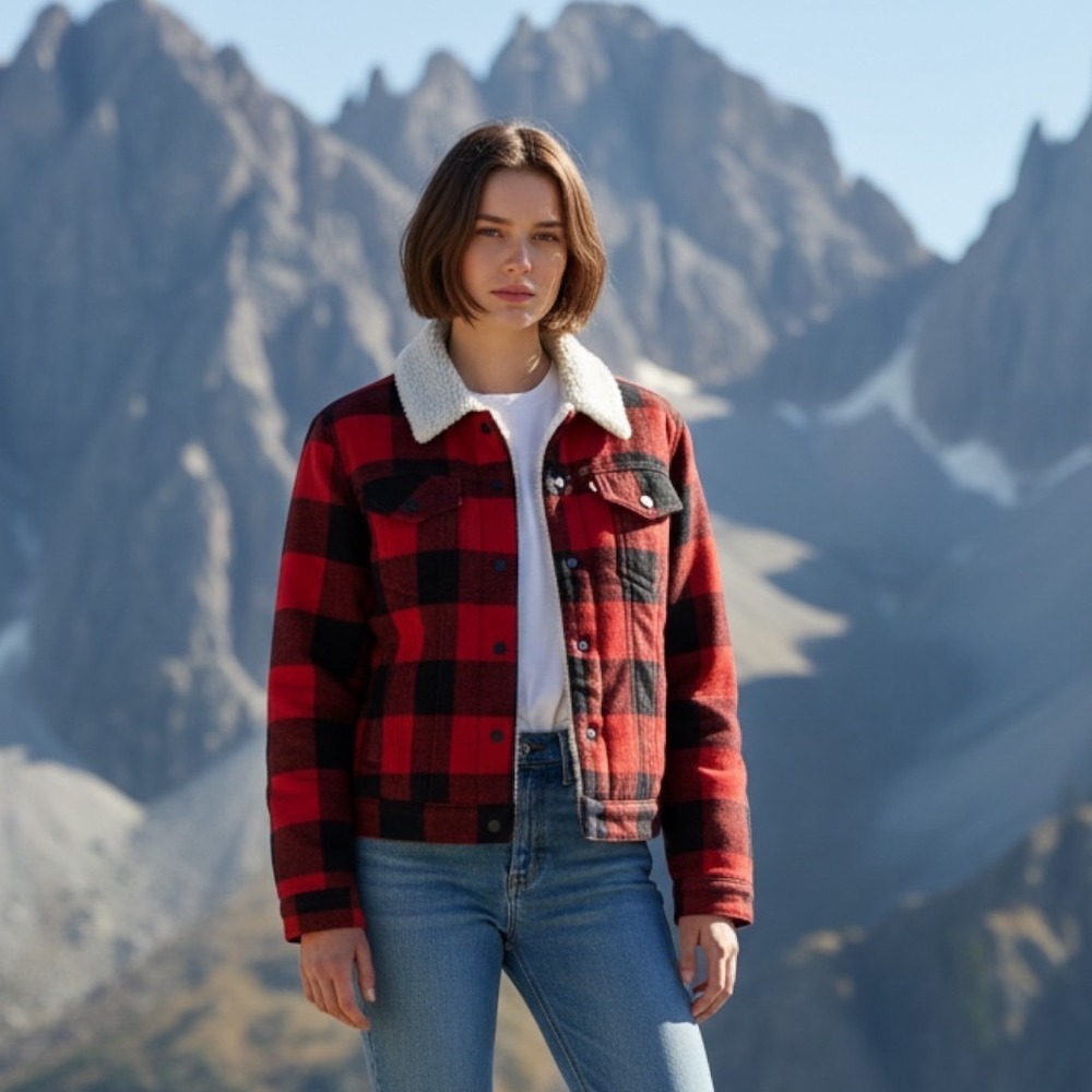 Levi's Women's Buffalo Plaid Sherpa Trucker Jacket Red Black Wool Blend S